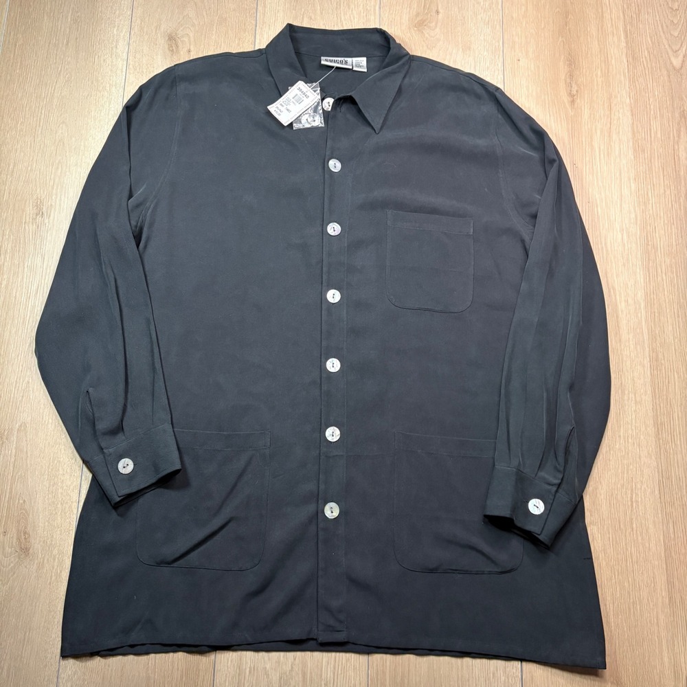 Chico's Design Silk Twill Shirt Jacket Black Button Up Pocket Size 3 NWT 90s